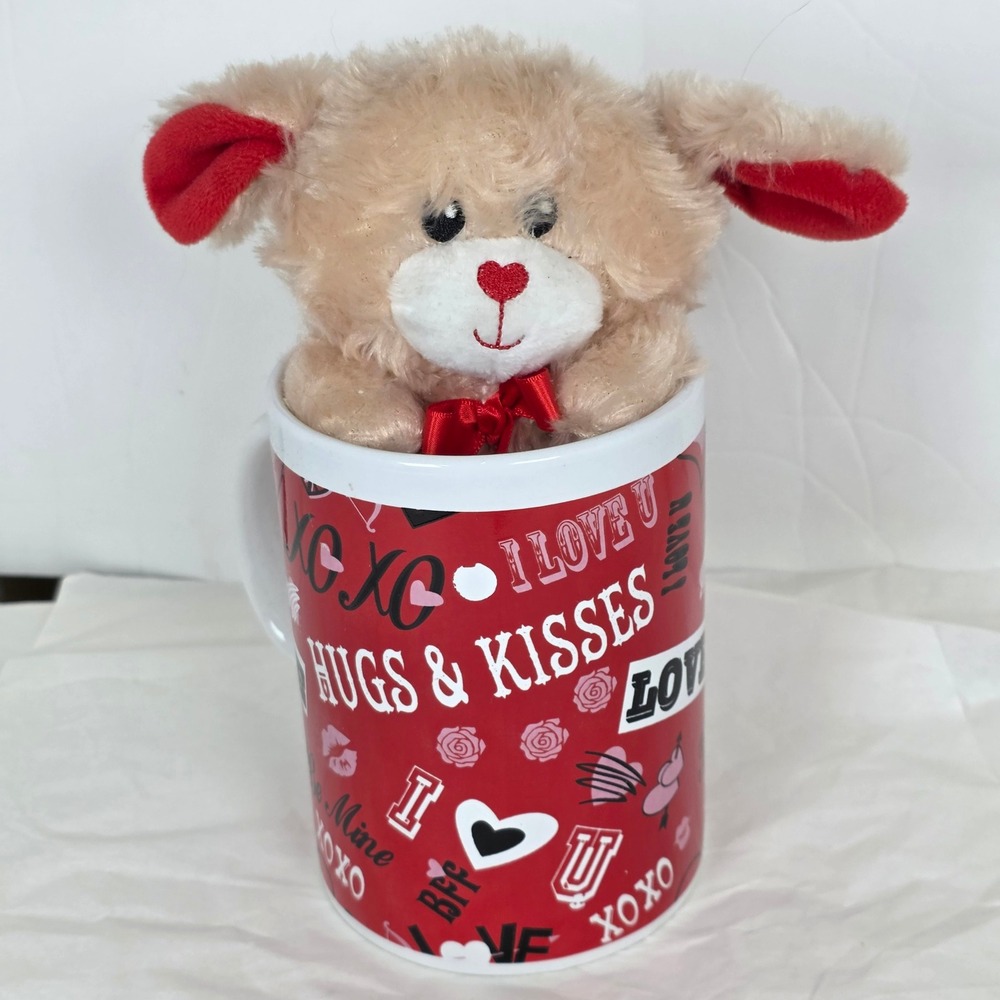 Hug & Luv Valentine Puppy Plush and Hugs & Kisses Ceramic Mug Gift Set Red Tan